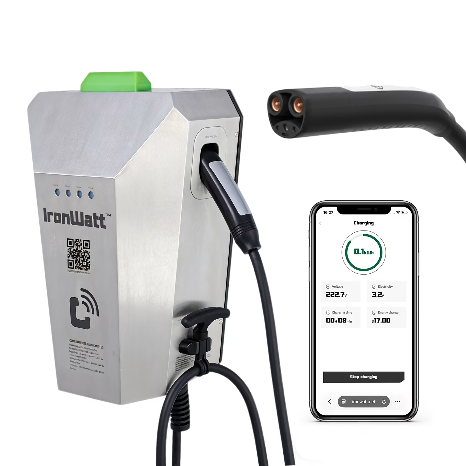 IronWatt Cyber Iron Commercial Level 2 EV Charger Payable, 240V 40A NACS, Pedestal/Wall Mount, UL Certified