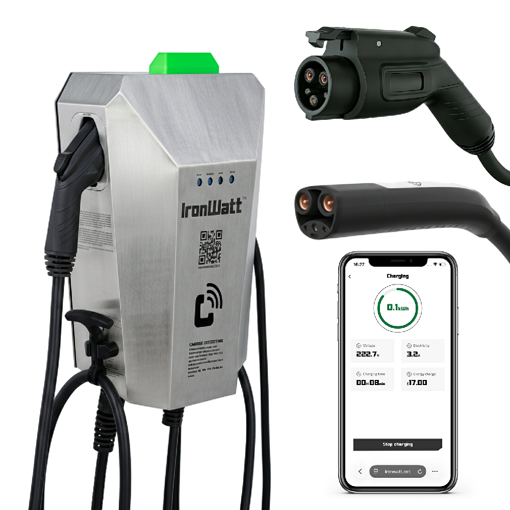 IronWatt Cyber Iron Home EV Charger, 240V 40A, J1772 & NACS FlexPort, Wall/Pedestal Mount, Stainless Steel Enclosure, UL Certified