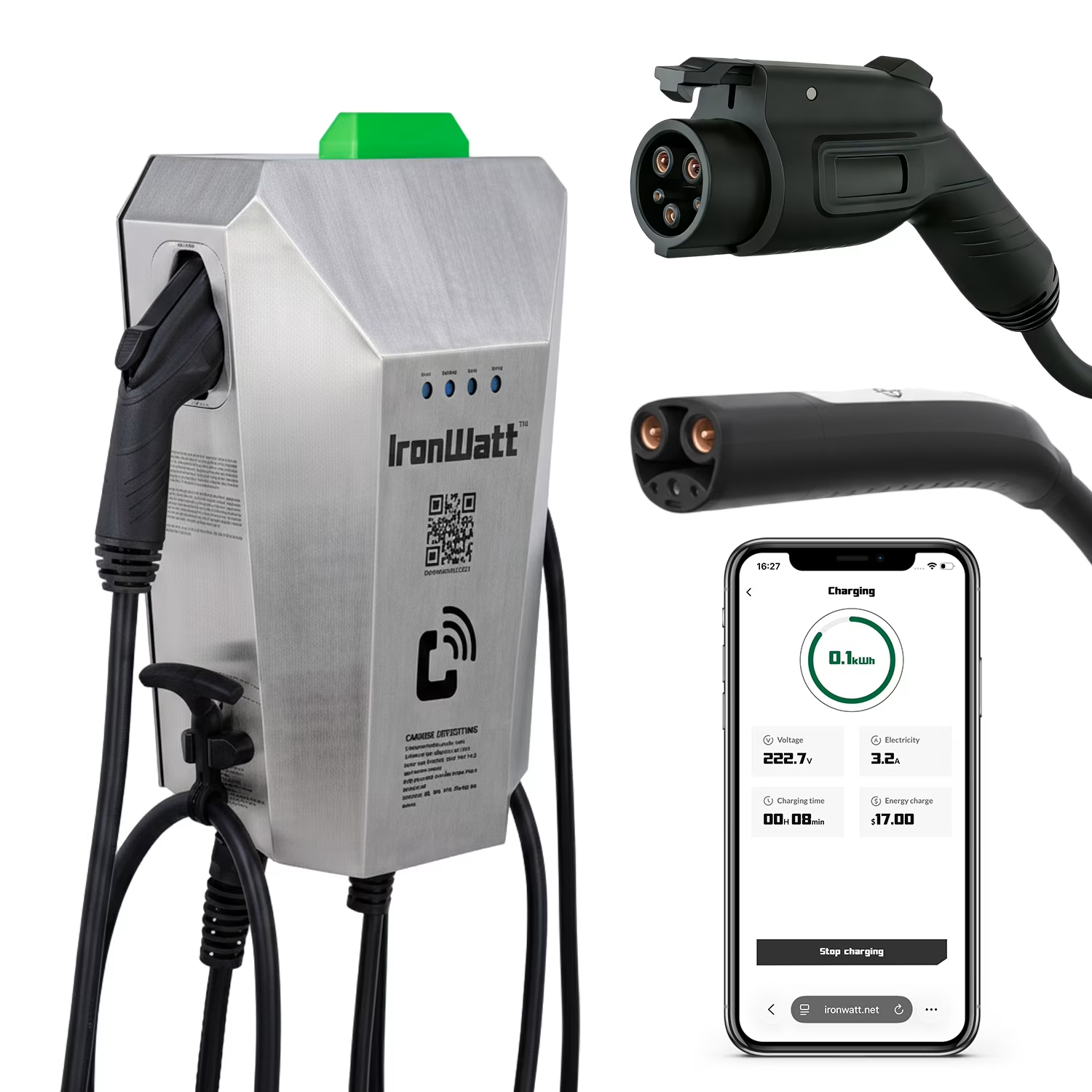 IronWatt Cyber Iron Commercial FlexPort EV Charger, Level 2 40A 240V, J1772/NACS, Payable, Wall/Pedestal, UL Certified