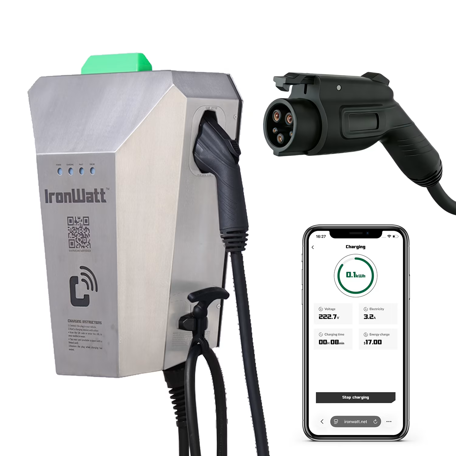IronWatt Cyber Iron Commercial Level 2 EV Charger, 40A 240V J1772, Payable, Wall/Pedestal Mount, UL Certified