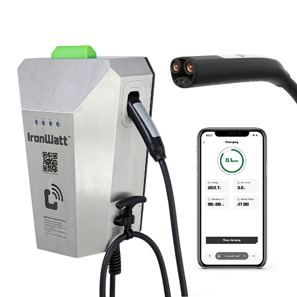 IronWatt Cyber Iron Home EV Charger, Commercial-Grade 40A 240V NACS, Stainless Steel Enclosure, 20ft Cable, Residential UL Certified