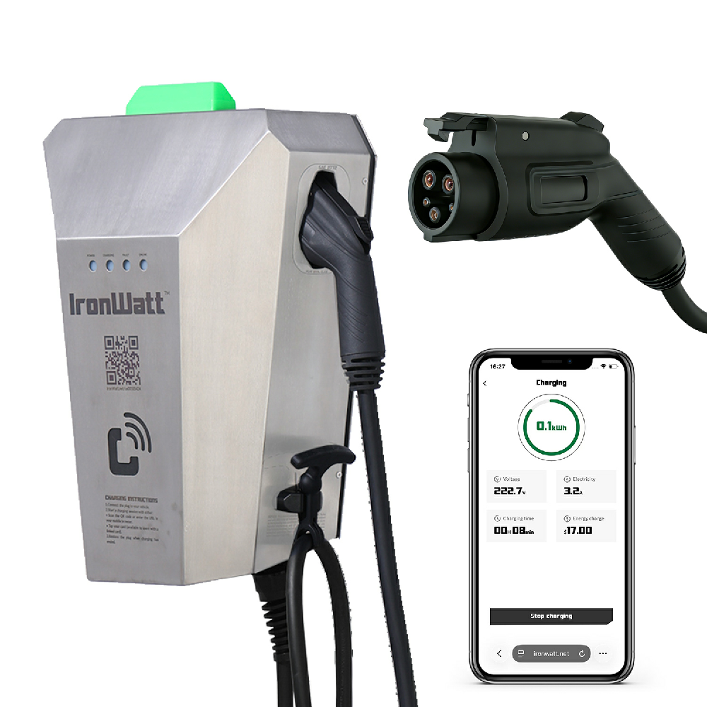 IronWatt Cyber Iron Home EV Charger, Commercial-Grade 40A 240V J1772, Stainless Steel, 20ft Cable, Pedestal/Wall Mount, UL Certified
