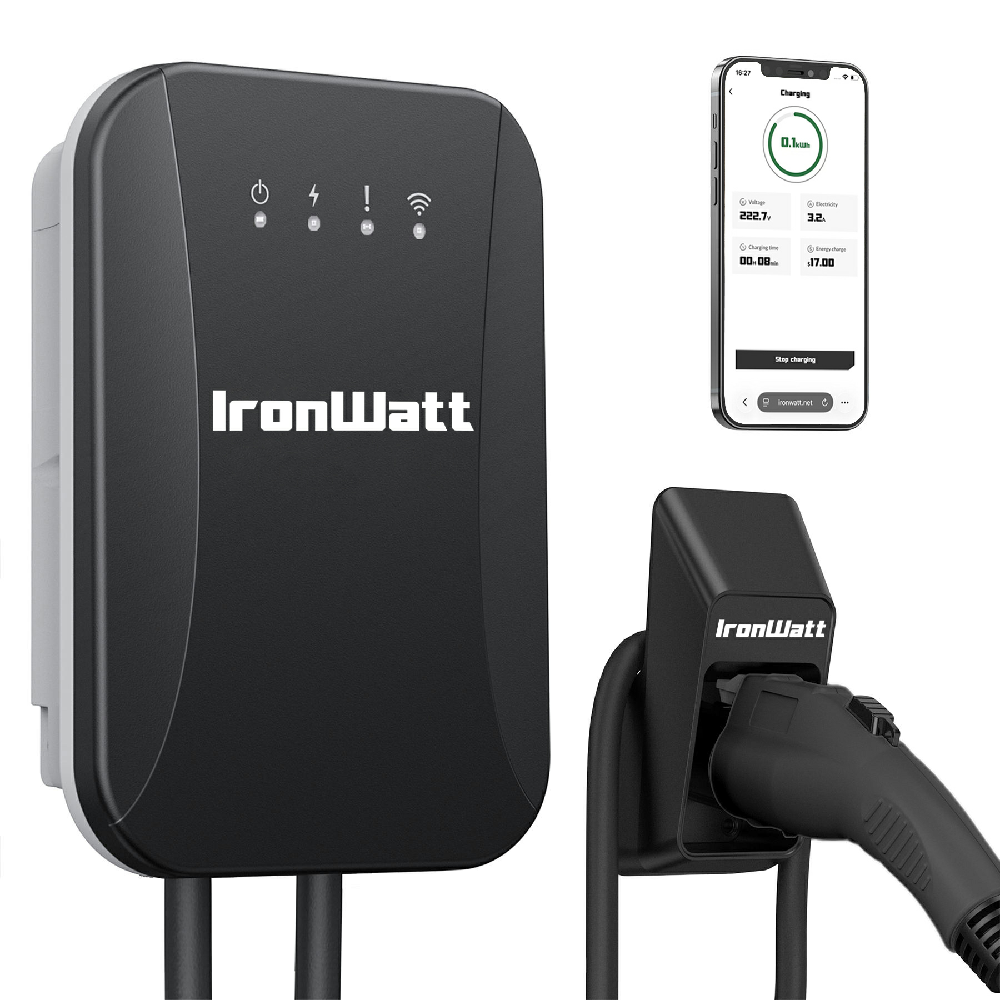 IronWatt Home EV Charger 9.6kW J1772 Electric Vehicle 6-40A Current Adjust Smart App Control IP65