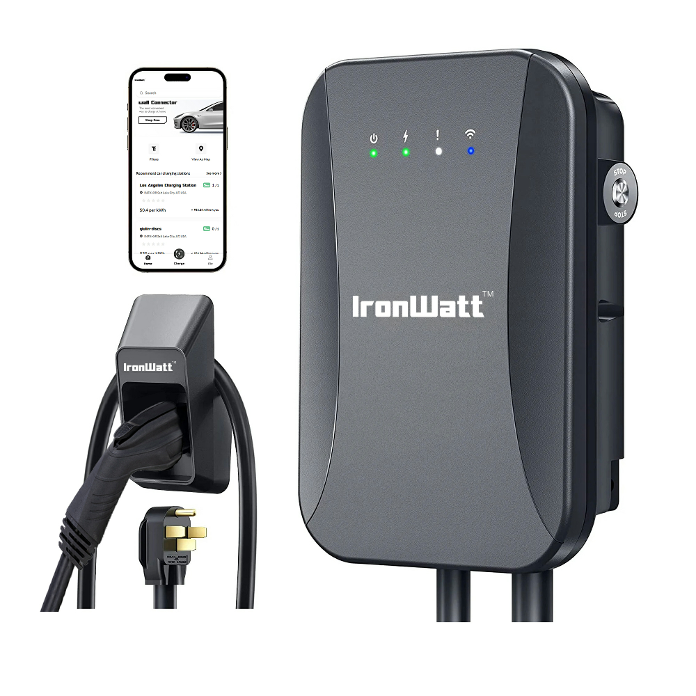 IronWatt Level 2 EV Charger, 240V 40A, J1772 Connector, Wall Mount, Smart App Control, IP65 Weatherproof, UL Certified